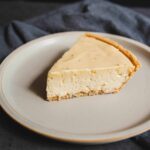 Creamy cheesecake slice on a neutral plate, with a graham cracker crust, perfect for dessert or special occasions, served on a dark textured background.