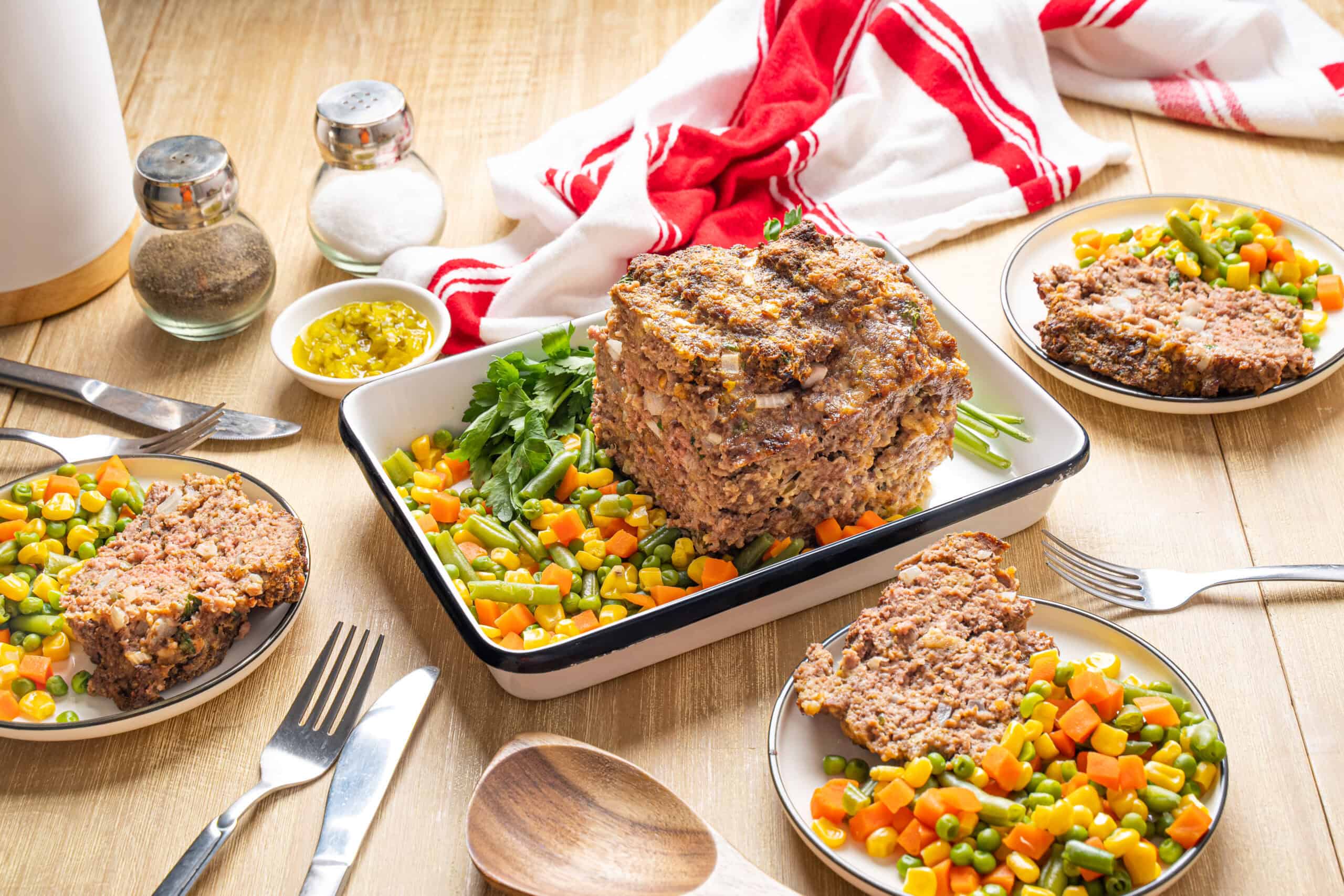 Juicy meatloaf with mixed vegetables on a wooden table, topped with fresh herbs, and served with mashed carrots, green beans, corn, and peas. Prepared for a hearty family dinner or special occasion.