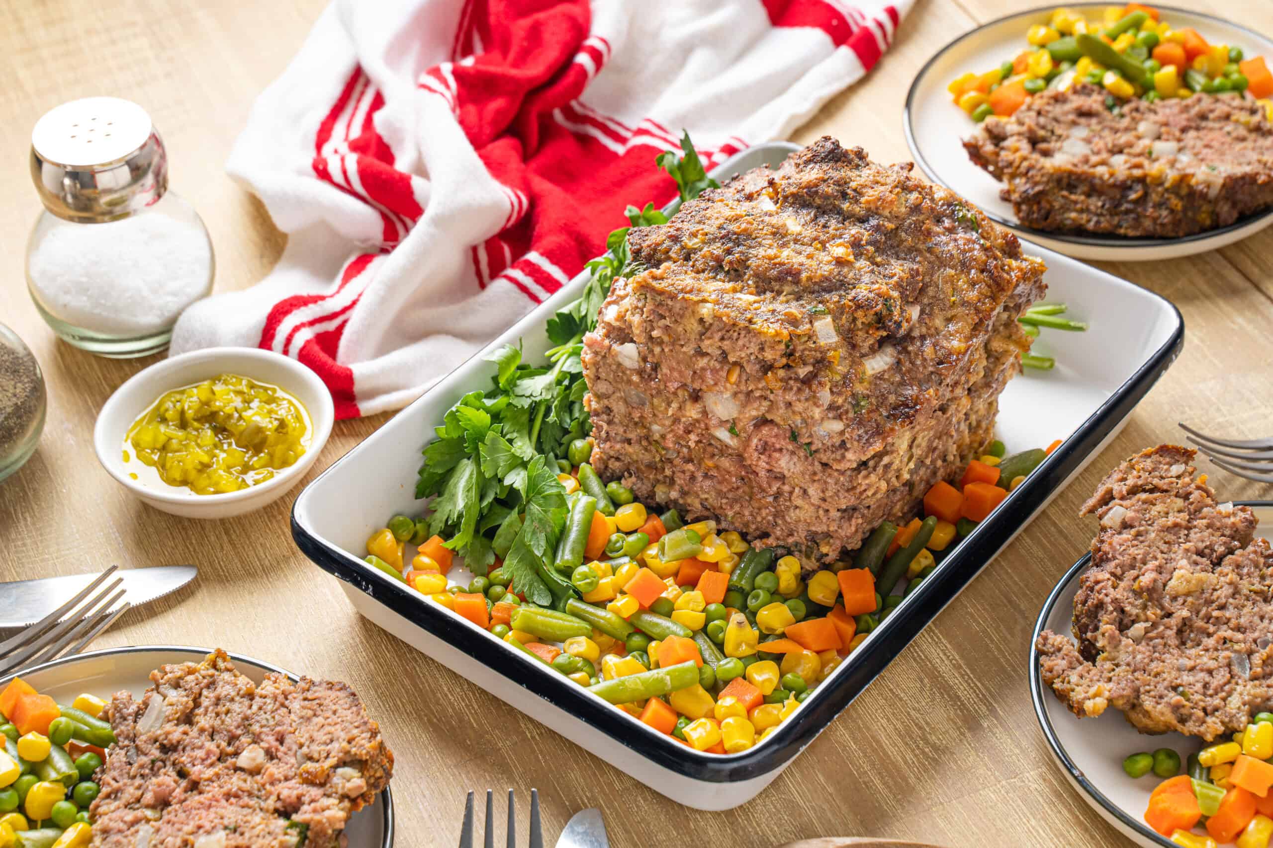 Ground meat meatloaf with mixed vegetables and fresh herbs on a white baking dish, served with side dishes of cooked peas, carrots, corn, and green beans for a hearty, homemade dinner.