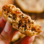 Butter cookie with chocolate chips and caramel bits, close-up of a delicious homemade cookie, freshly baked sweet treat with chocolate and caramel, perfect for cookie lovers, soft and chewy texture, warm baked dessert image.