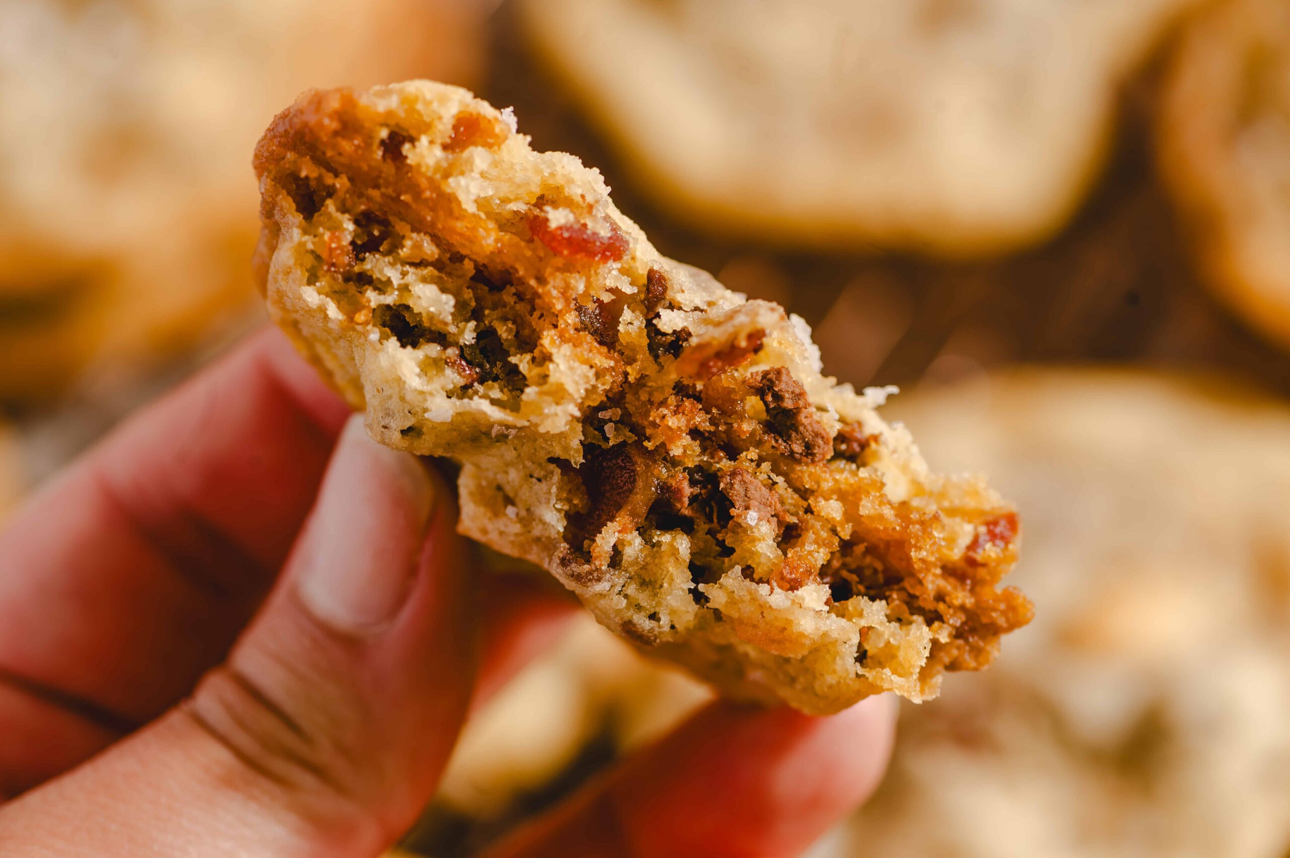 Butter cookie with chocolate chips and caramel bits, close-up of a delicious homemade cookie, freshly baked sweet treat with chocolate and caramel, perfect for cookie lovers, soft and chewy texture, warm baked dessert image.