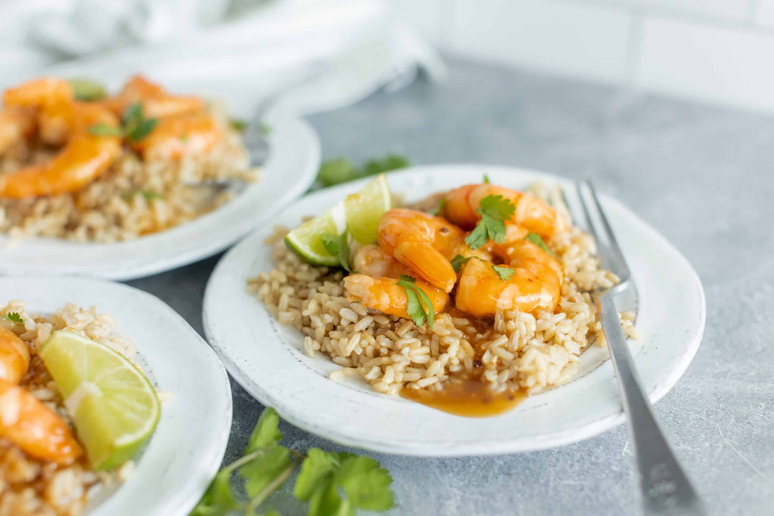 Savory shrimp taco rice bowl with fresh cilantro and lime wedges on white ceramic plate, featuring seasoned shrimp, fluffy rice, and flavorful sauce for a delicious Mexican-inspired meal.