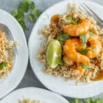 Succulent shrimp and rice dish garnished with fresh cilantro, lime wedge, and savory sauce on white ceramic plates for flavorful seafood recipes.