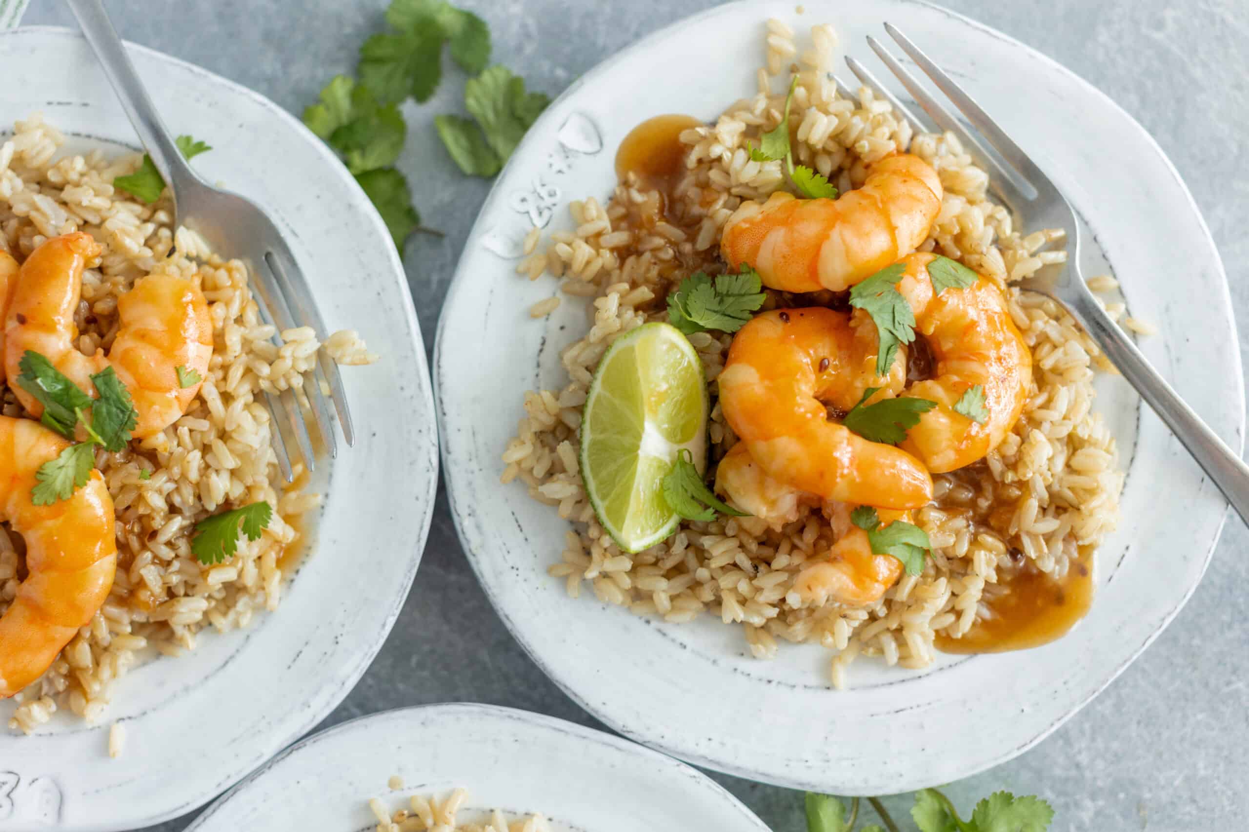 Succulent shrimp and rice dish garnished with fresh cilantro, lime wedge, and savory sauce on white ceramic plates for flavorful seafood recipes.