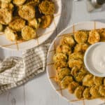 Crispy fried zucchini rounds served with creamy dipping sauce on a checkered plate, perfect for appetizer or snack.