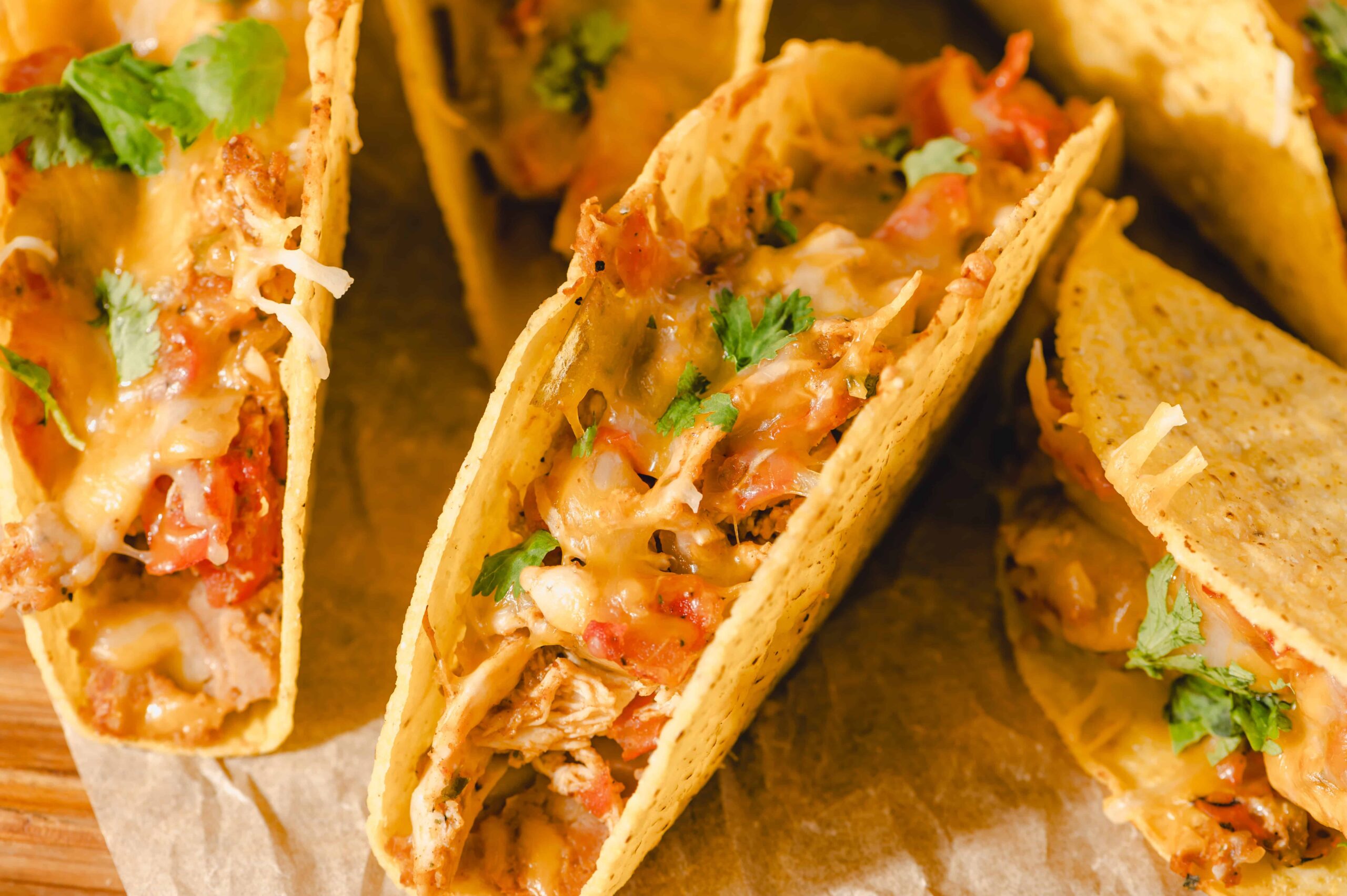 Golden crispy taco shells filled with seasoned shredded chicken, melted cheese, fresh tomatoes, and cilantro on a rustic wooden surface. Perfect for Taco Night or Mexican-inspired meals.