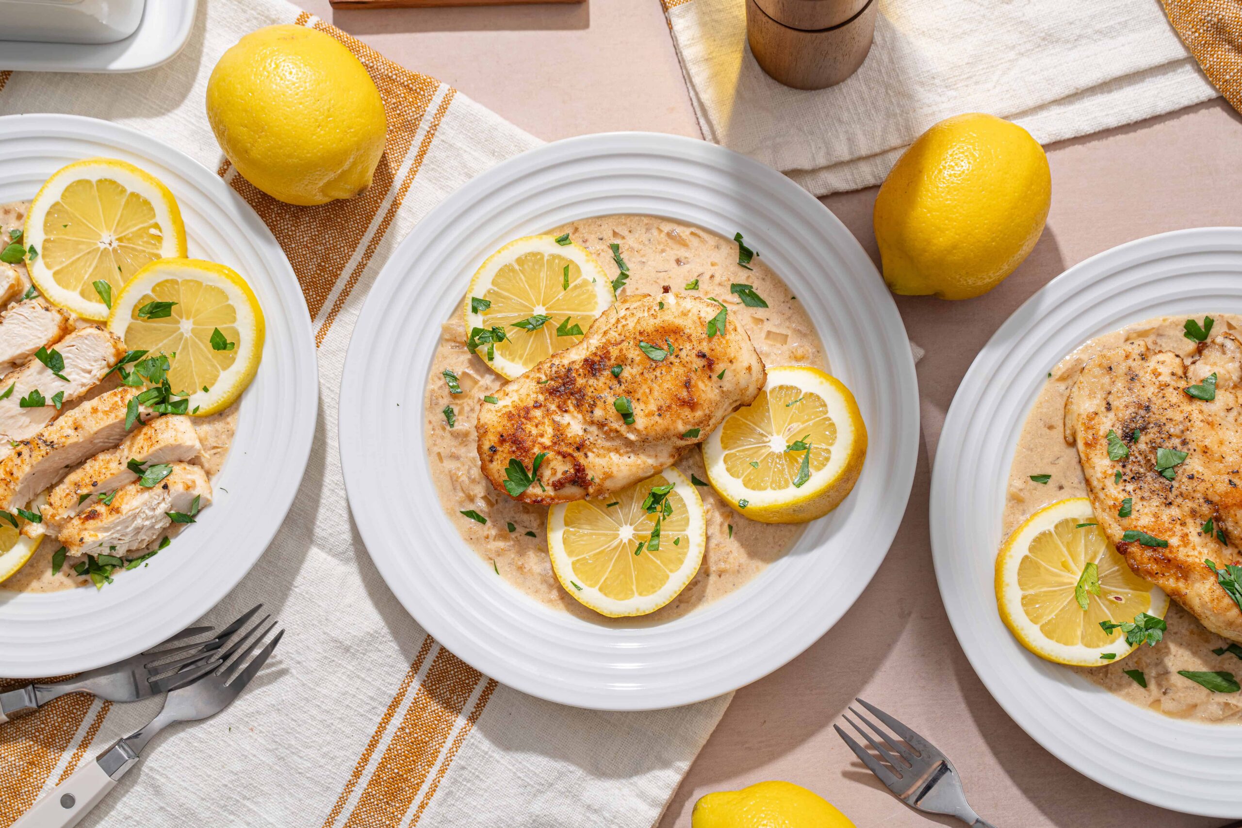Lemon chicken with creamy sauce garnished with fresh lemon slices and chopped parsley on white plates, served with whole lemons on a light-colored table for a fresh, flavorful meal.