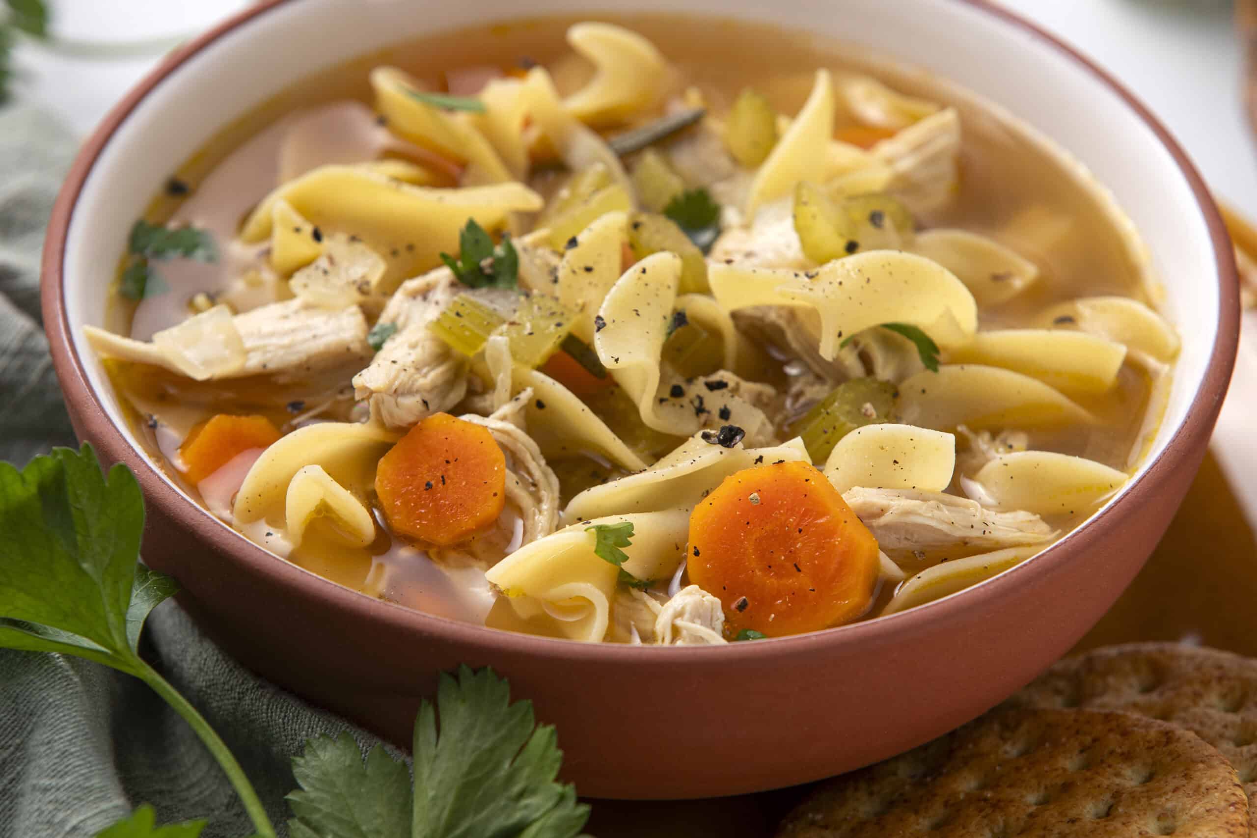 Warm homemade chicken noodle soup with vegetables, shredded chicken, carrots, celery, and herbs in a cozy bowl, perfect for a comforting meal.