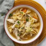 Comforting chicken noodle soup with tender shredded chicken, egg noodles, carrots, celery, and parsley in a clear broth. Perfect for cozy meals and cold days, easy homemade soup recipe from Hey Recipe.