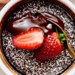 Rich molten chocolate lava cake topped with fresh strawberries and dusted with powdered sugar for a decadent dessert.