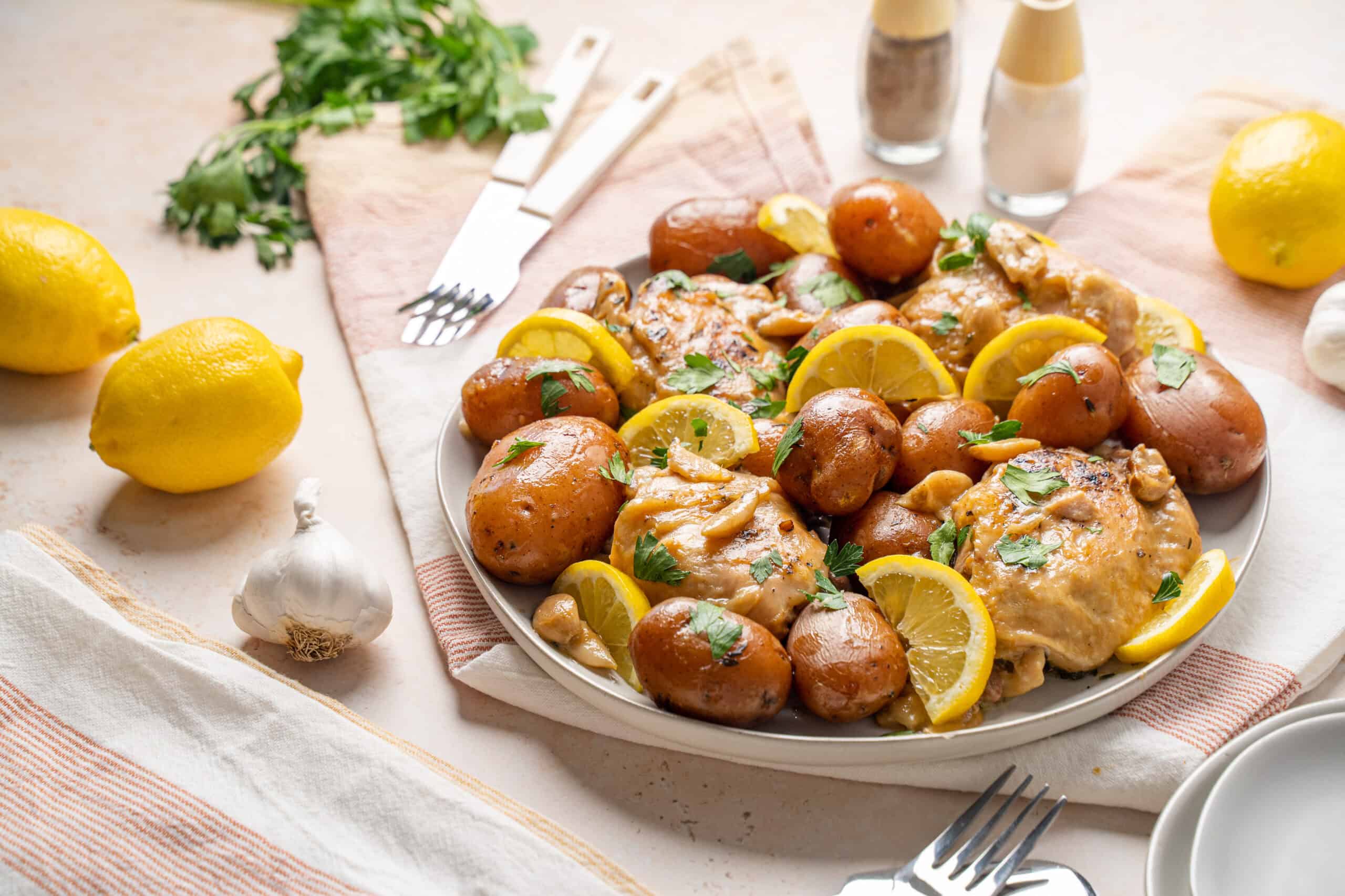 Juicy roasted chicken with lemon slices, baby potatoes, and fresh herbs on a white serving platter, served for a delicious homemade dinner or special occasion meal.