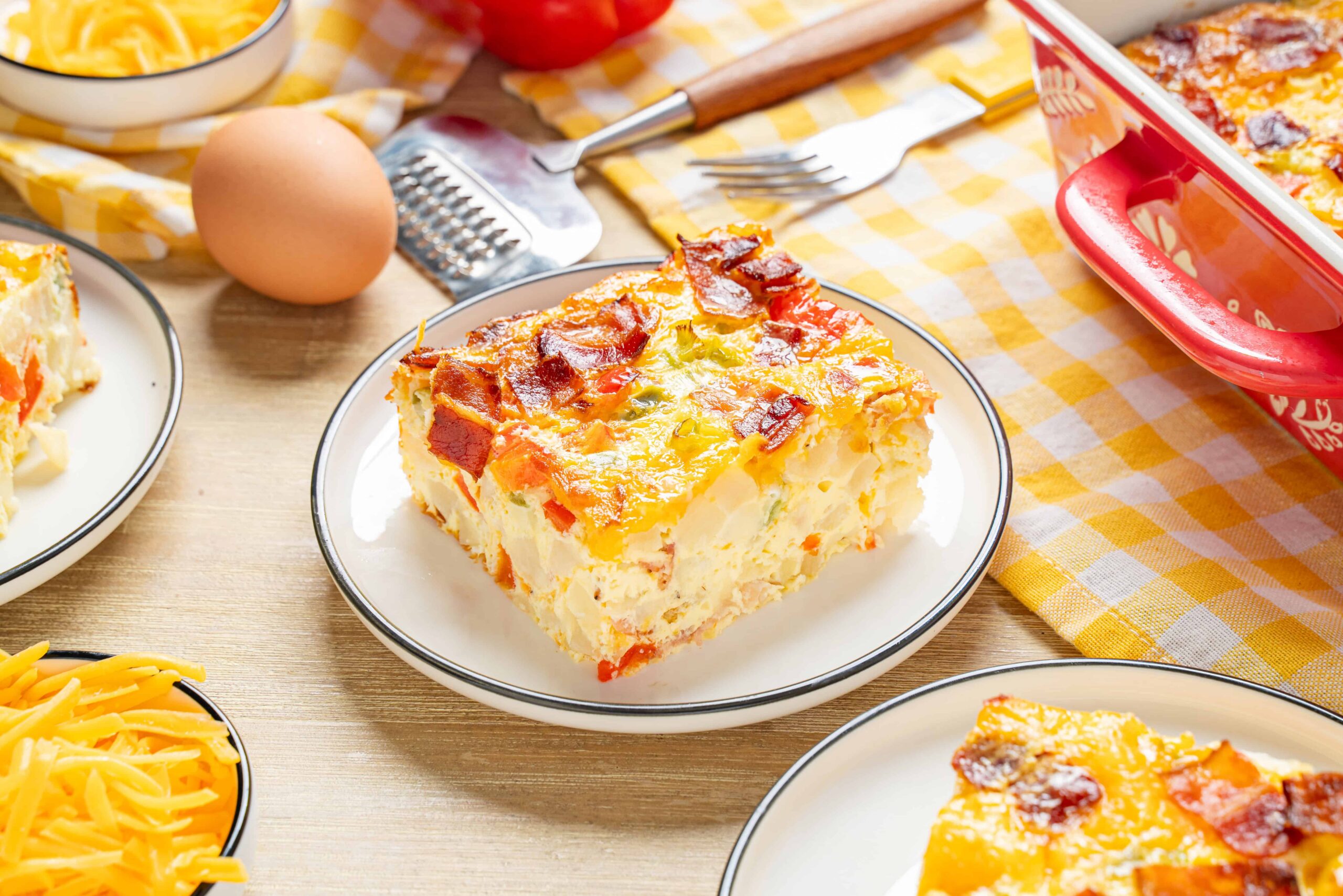 Creamy breakfast casserole with eggs, cheese, bacon, and vegetables on a white plate, served with shredded cheese and fresh ingredients on a rustic wooden table.