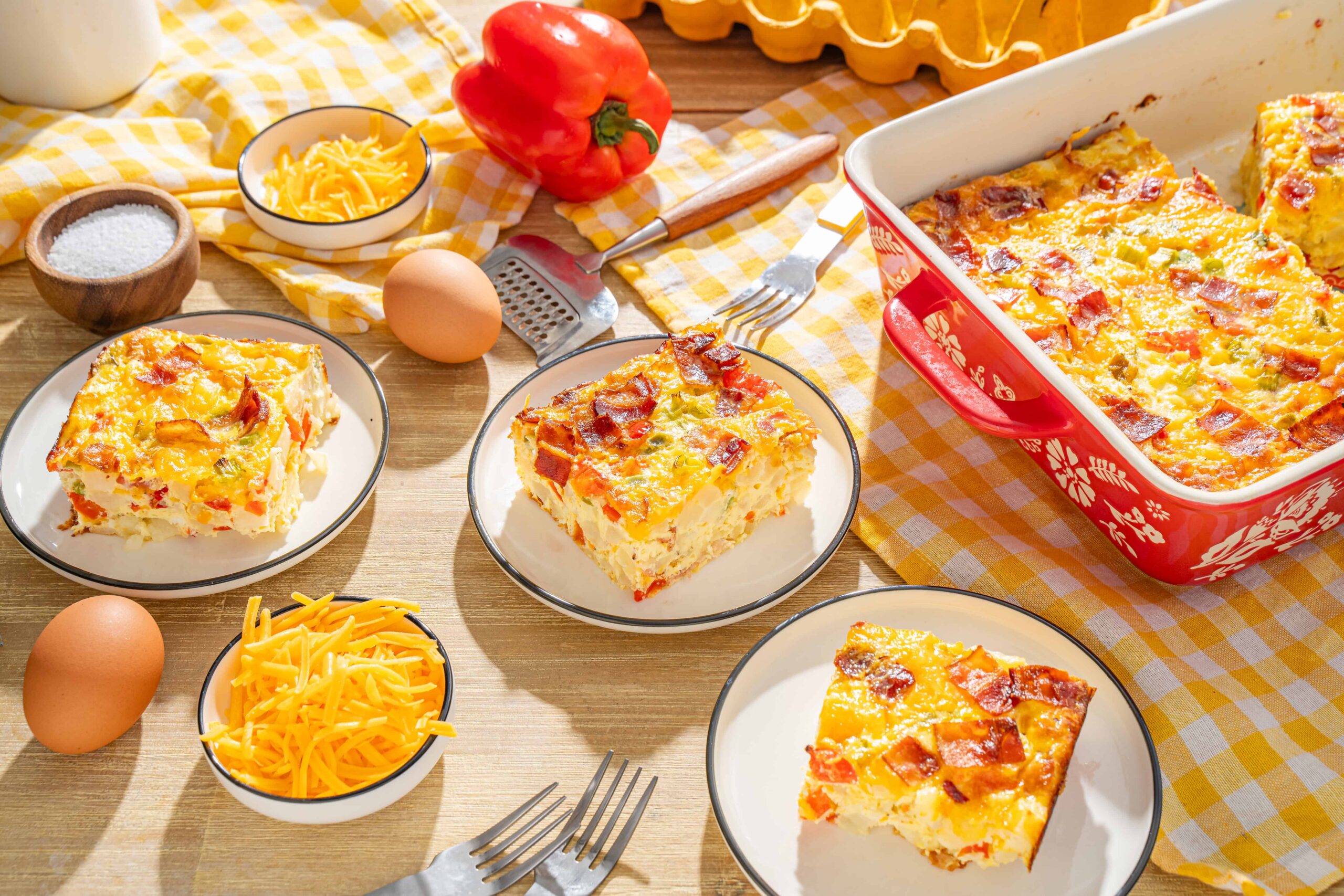Creamy breakfast casserole with eggs, cheese, bacon, and vegetables served in a baking dish and on individual plates, perfect for brunch or family meals.