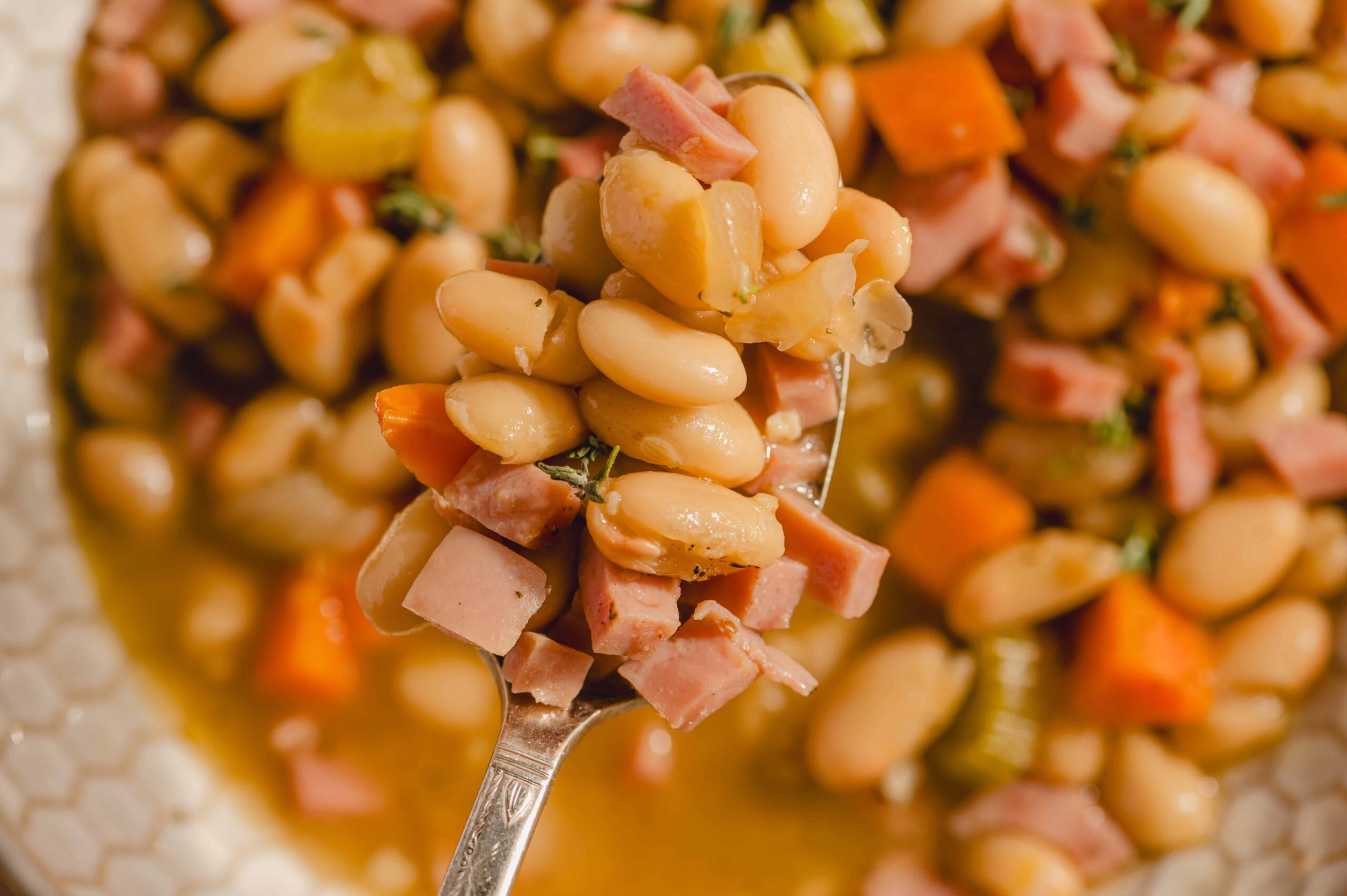 Creamy bean and ham salad with vegetables, perfect for easy healthy recipes and meal prep.