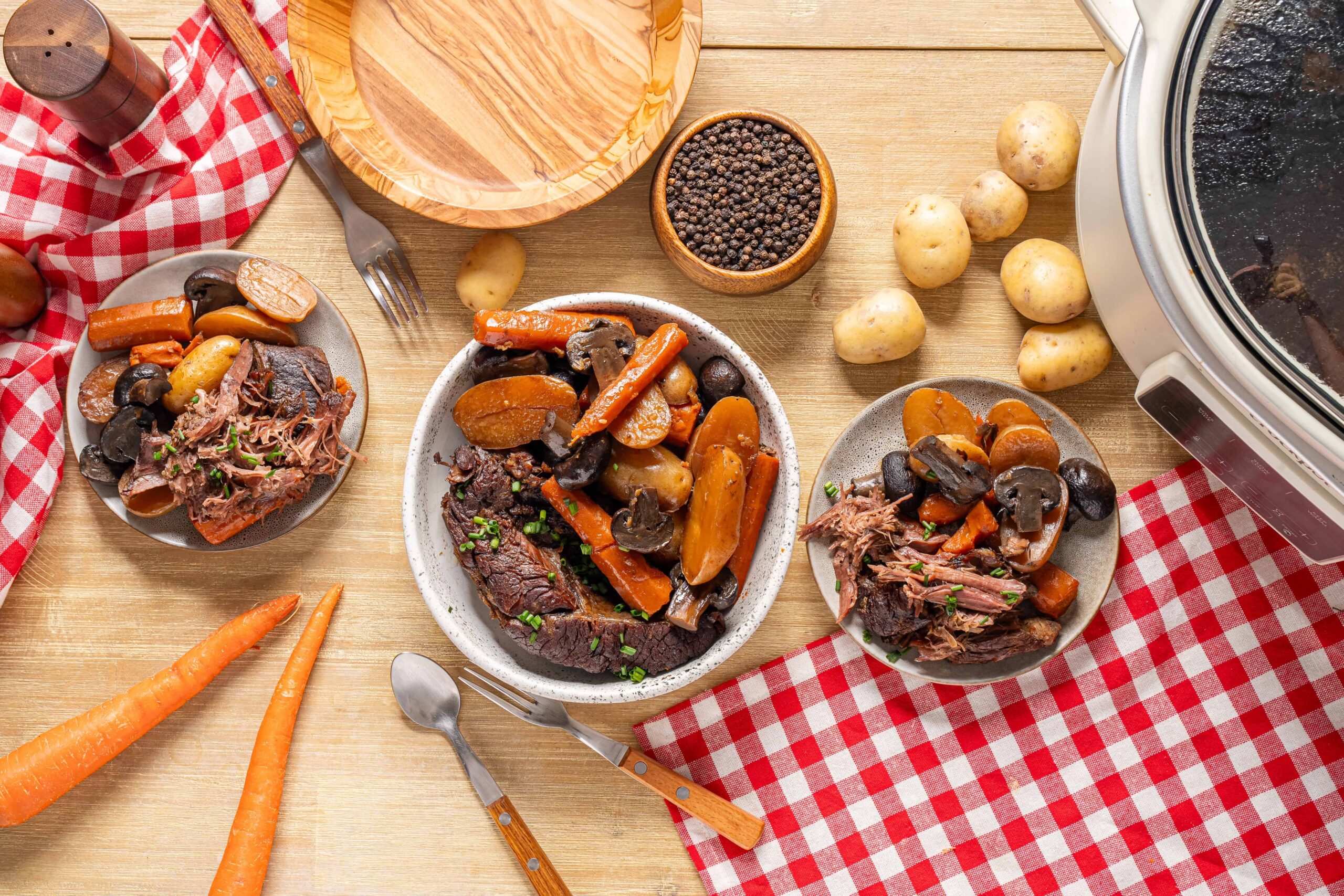 Slow-cooked beef stew with potatoes, carrots, and mushrooms in a comforting meal with fresh ingredients and a homey presentation. Perfect for cozy dinner recipes.