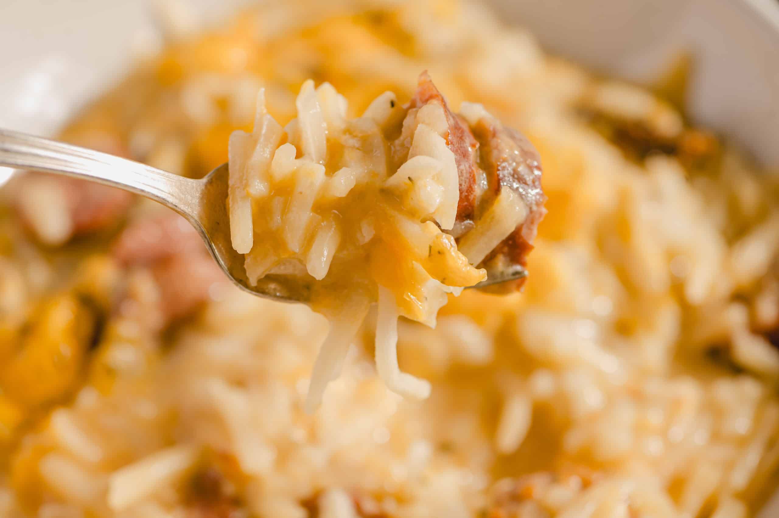 Cheesy baked rice casserole with bacon and vegetables, served on a spoon, close-up. Delicious comfort food featuring melted cheese, crispy bacon, and flavorful rice, perfect for a hearty meal.