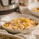 Creamy chicken and cheese casserole in a white bowl, served on a checkered cloth with a fork, featuring melted cheese, chicken, and herbs, with a slow cooker and additional casserole dish in the background.