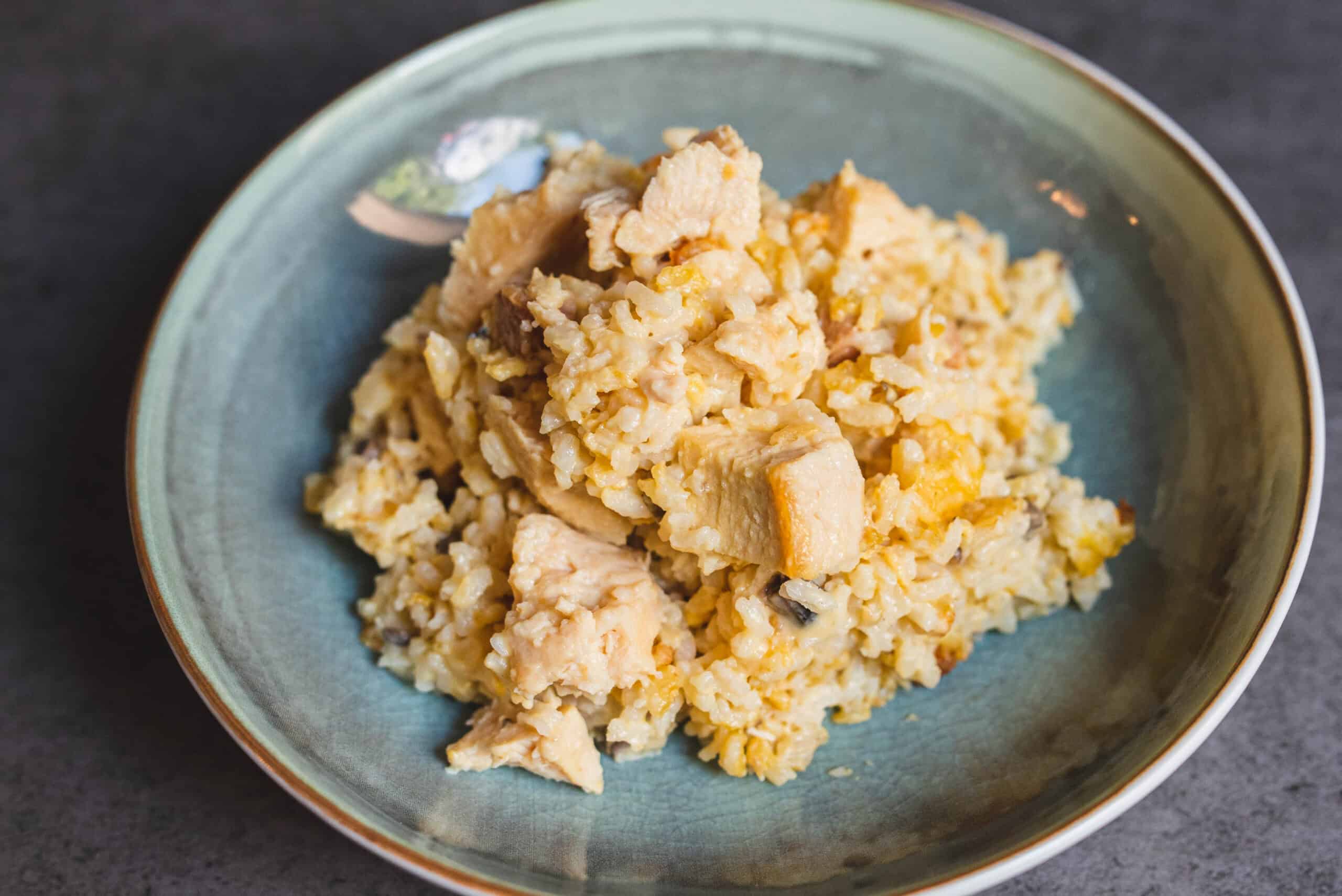 Creamy chicken and egg fried rice served on a stylish green ceramic plate. The rice dish features tender chunks of chicken, scrambled eggs, and seasoned rice, perfect for a comforting meal.