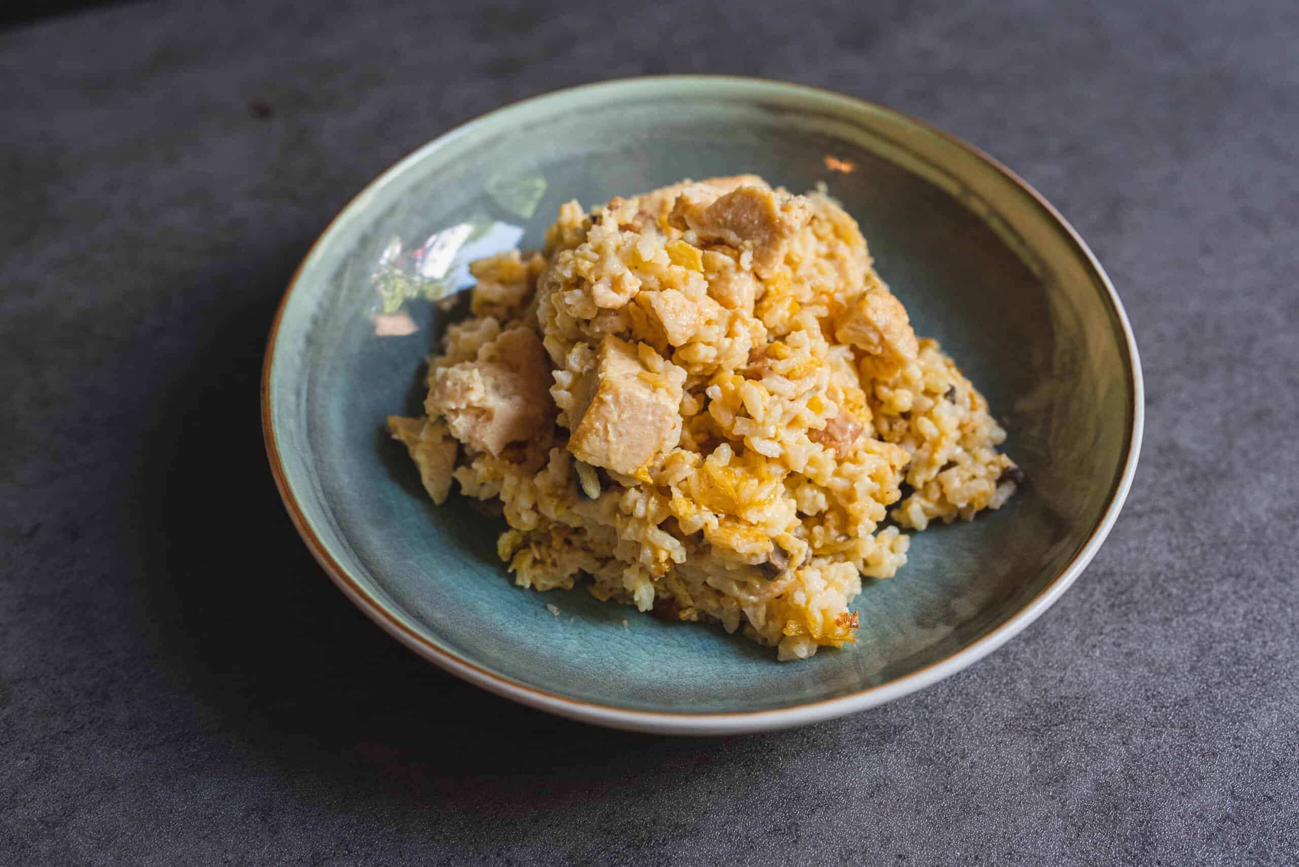 Savory chicken and rice casserole served in a blue ceramic bowl on a dark textured background.