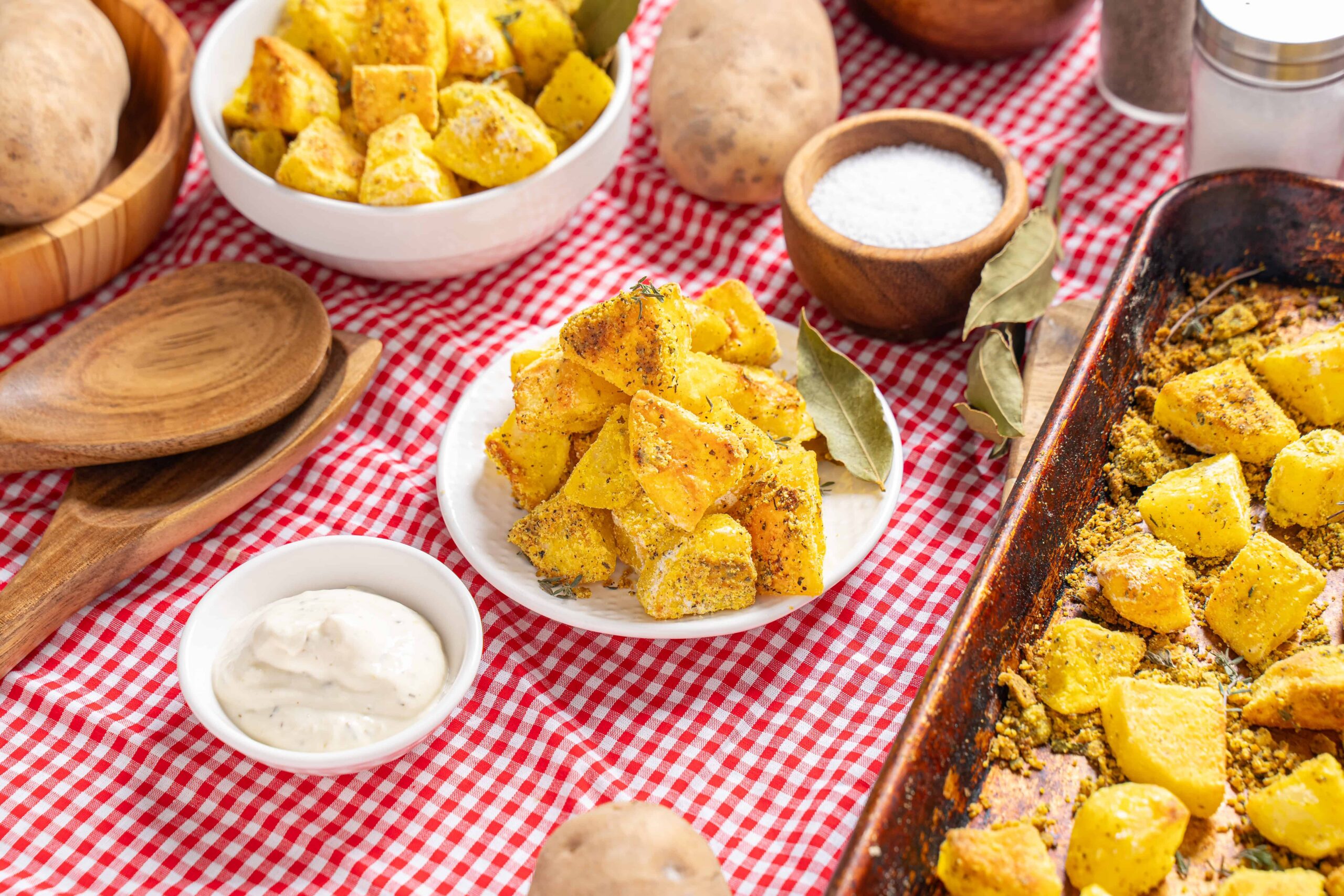 Golden roasted diced potatoes served on a white plate with fresh herbs, surrounded by cooking ingredients and seasonings on a red checkered tablecloth, perfect for homemade potato recipes.