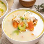 Creamy vegetable chicken soup with carrots, celery, and tender chicken pieces in a white bowl. Perfect for cozy meals and healthy eating, easy to make at home.