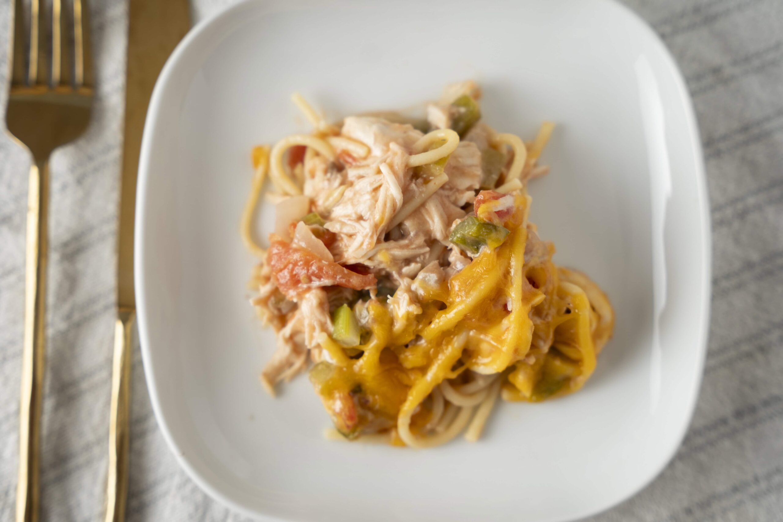 Tender shredded chicken and creamy cheese on a bed of spaghetti with fresh vegetables, served on a white plate for a delicious homemade meal.
