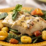Fresh baked herb-crusted fish fillet with roasted potatoes, cherry tomatoes, spinach, and basil on a yellow ceramic plate. Perfect for a healthy, flavorful seafood dinner.
