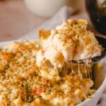 Creamy baked macaroni and cheese with a golden breadcrumb topping in a white ceramic dish, served hot with melted cheese pulling apart on a black spoon.