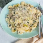Creamy chicken and spinach tortellini pasta in a rich Alfredo sauce topped with grated parmesan cheese, served on a light blue plate with fresh ingredients in the background for a delicious homemade meal.