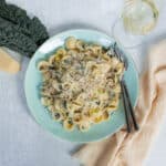 Creamy mushroom tortellini pasta dish topped with grated cheese on a turquoise plate, served with a glass of white wine and fresh kale on a light gray surface.
