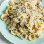 Creamy chicken and spinach tortellini pasta with grated Parmesan cheese served on a light green plate, featuring tender tortellini, sautéed spinach, and shredded chicken in a rich, cheesy sauce.