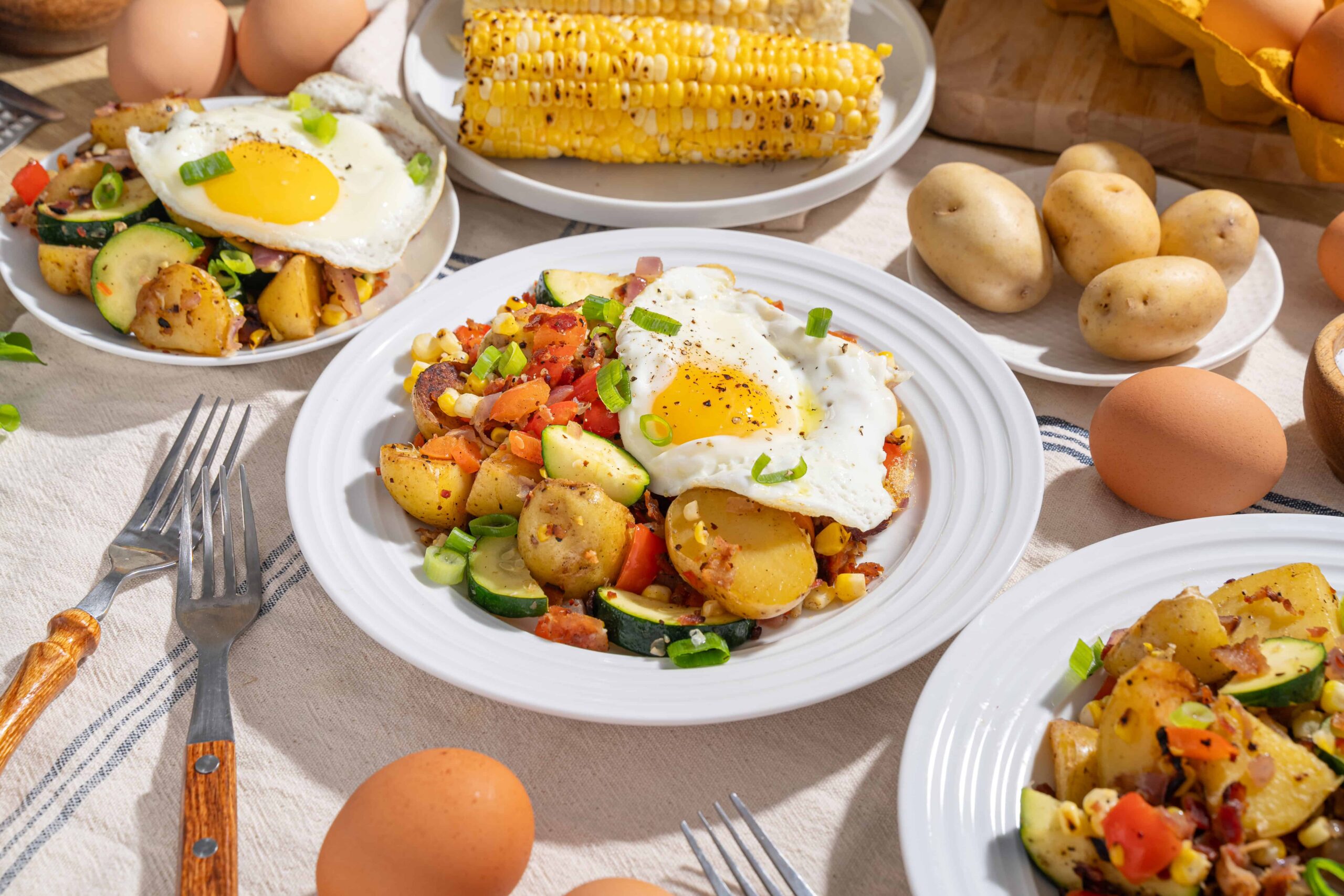 Creamy potato hash with vegetables topped with fried eggs, served on white plates, surrounded by fresh potatoes, eggs, and corn on a rustic table setting.