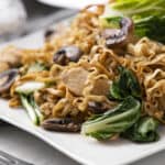 Fragrant stir-fried noodles with vegetables, mushrooms, and chicken served on a white plate, showcasing an Asian-inspired recipe perfect for quick and delicious meals.