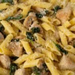 Creamy chicken pasta with spinach, Parmesan cheese, and garlic, served in a white bowl, highlighting a delicious and hearty Italian-inspired meal perfect for weeknight dinners.