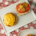 Cheeseburger with melted cheddar on a toasted bun and a fresh vegetable burger with tomato, pickle, and lettuce served on a white plate.