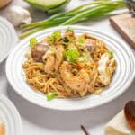 Savory chicken and vegetable stir-fry with noodles on white plate, garnished with green onions, served with assorted Asian-inspired dishes.