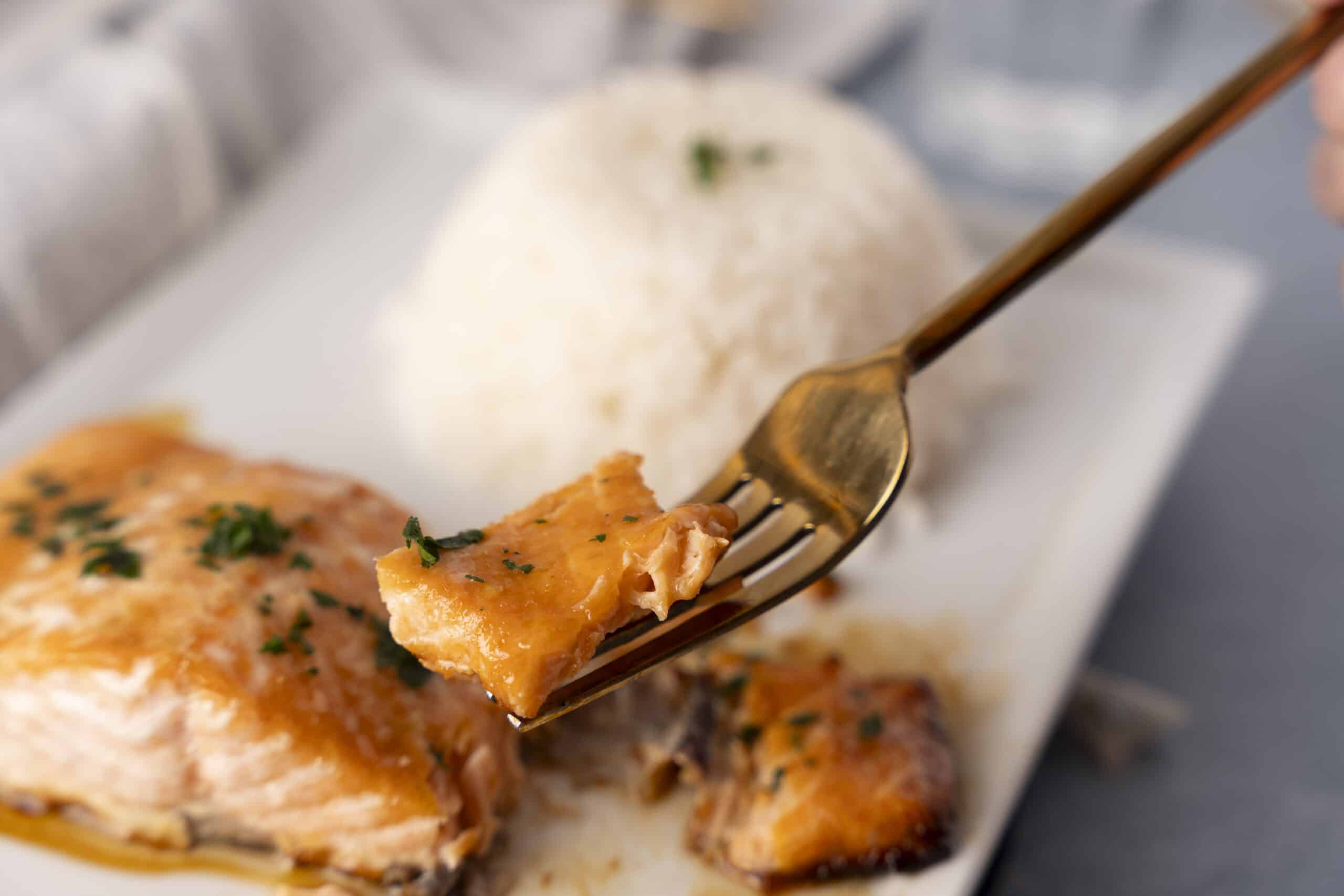 Juicy baked chicken thigh with herbs served with steamed white rice on a white plate.