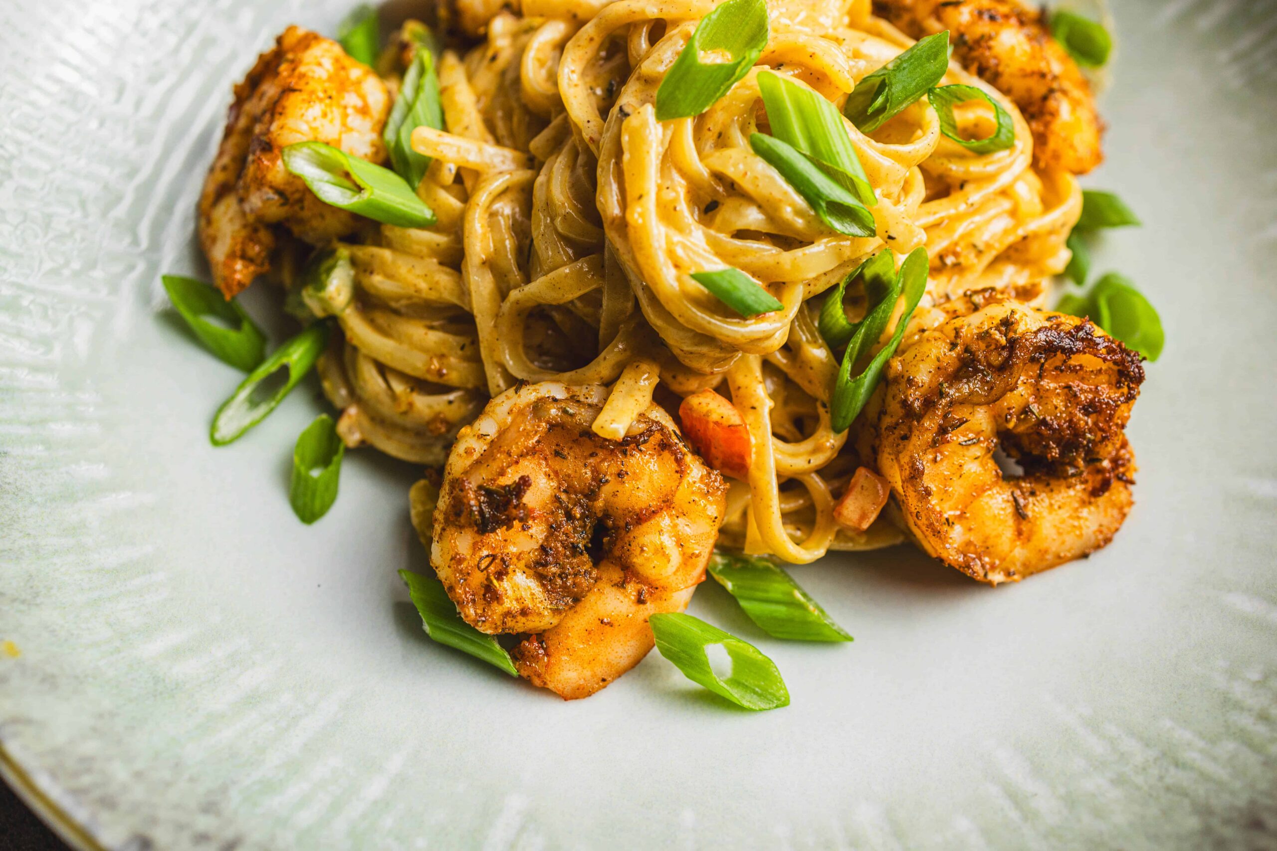Succulent shrimp and fettuccine pasta in a savory seasoned sauce topped with fresh green onions on a stylish white plate. Perfect for a quick, delicious dinner option.