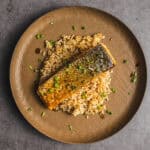 Juicy pan-seared salmon fillet with crispy skin served over seasoned rice and garnished with chopped green onions on a rustic brown plate.