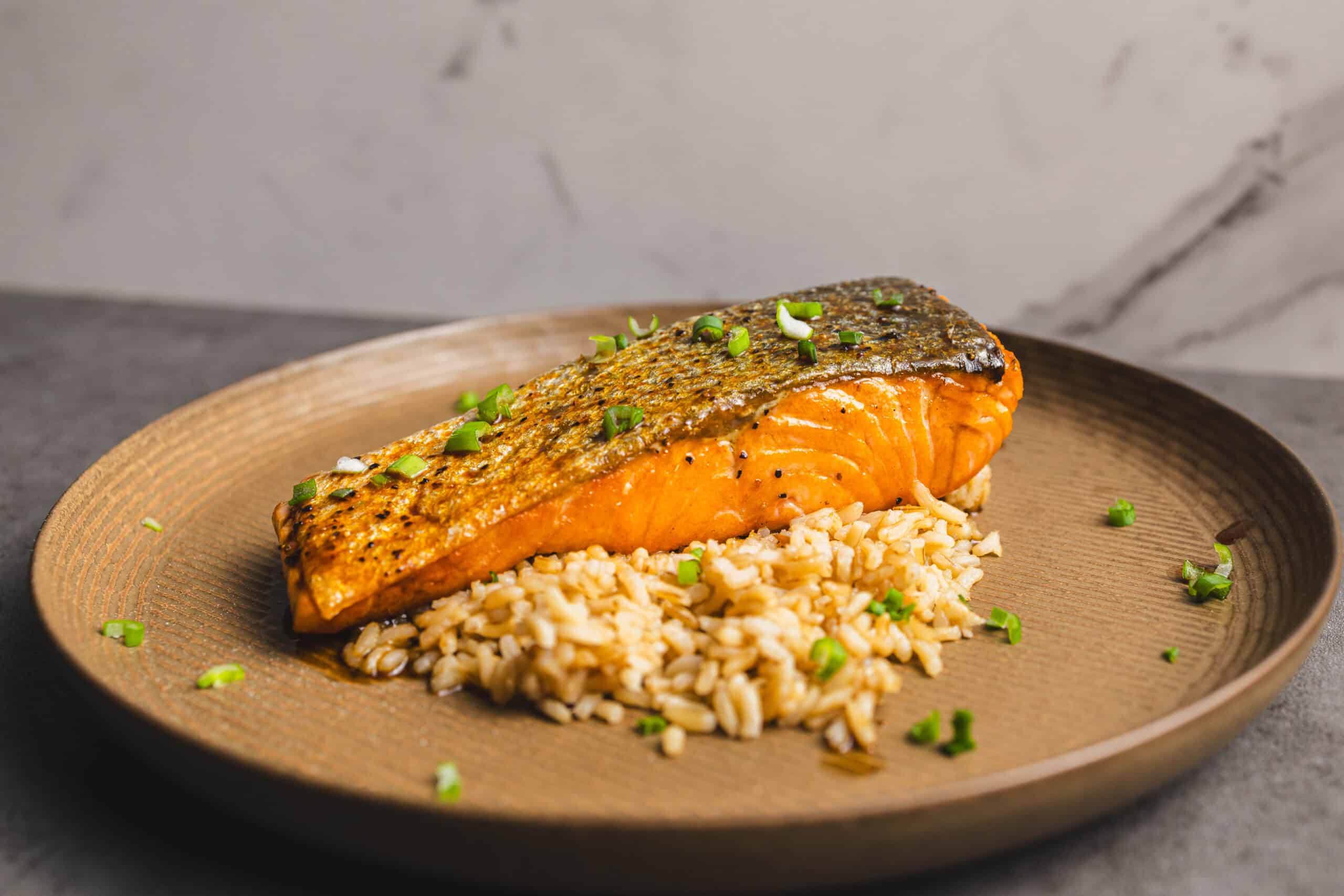 Grilled salmon fillet with crispy skin served over seasoned rice and garnished with chopped green onions on a brown textured plate.