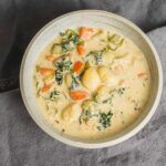 Creamy vegetable chicken stew in a white bowl, featuring carrots, potatoes, spinach, and tender chicken pieces, served on a rustic gray cloth, perfect for comforting homemade dinner recipes.